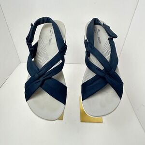 Clarks Cloudsteppers Arla Navy Blue Twisted Knot Slingback Wedge Sandals Womens